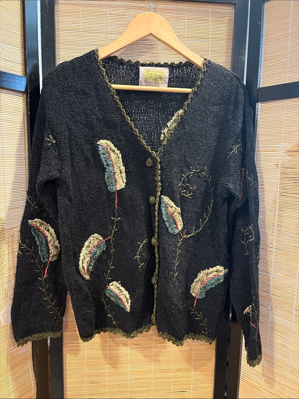 Black Embroidered Women's Button-Front Cardigan